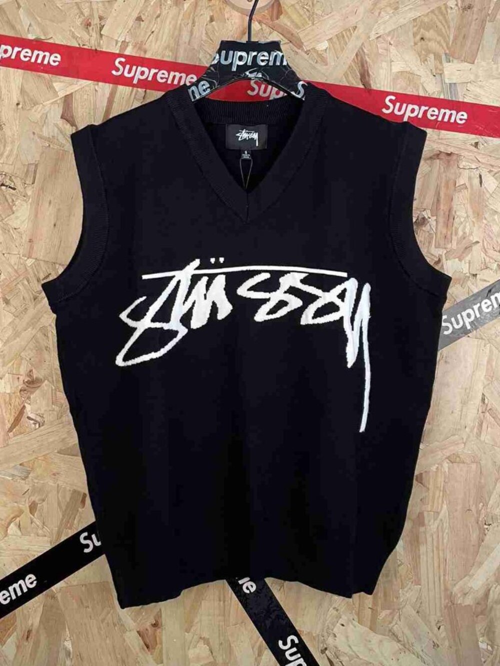 Stussy Black V-Neck Knit Sweater Vest White Script Logo